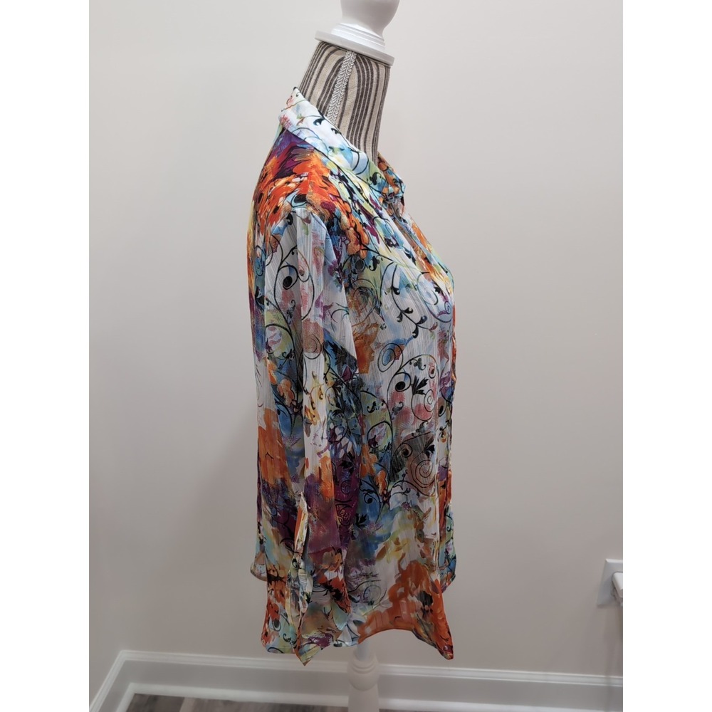 Chico's 2 or L Top NWOT Floral Sheer Lite Wgt Button Up Shirt Tab Sleeve Airy - Picture 7 of 10